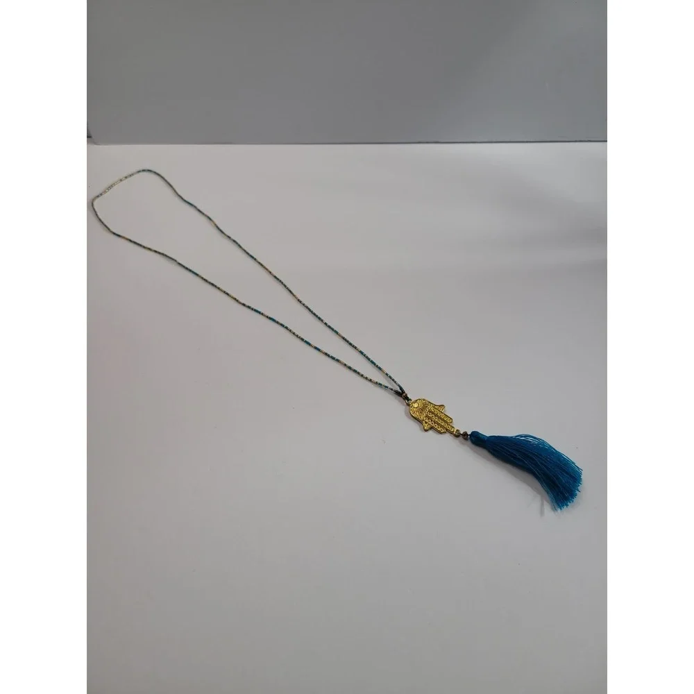 Gold Tone Hamsa Hand Blue Tassel Necklace Beaded Boho Evil Eye Protection